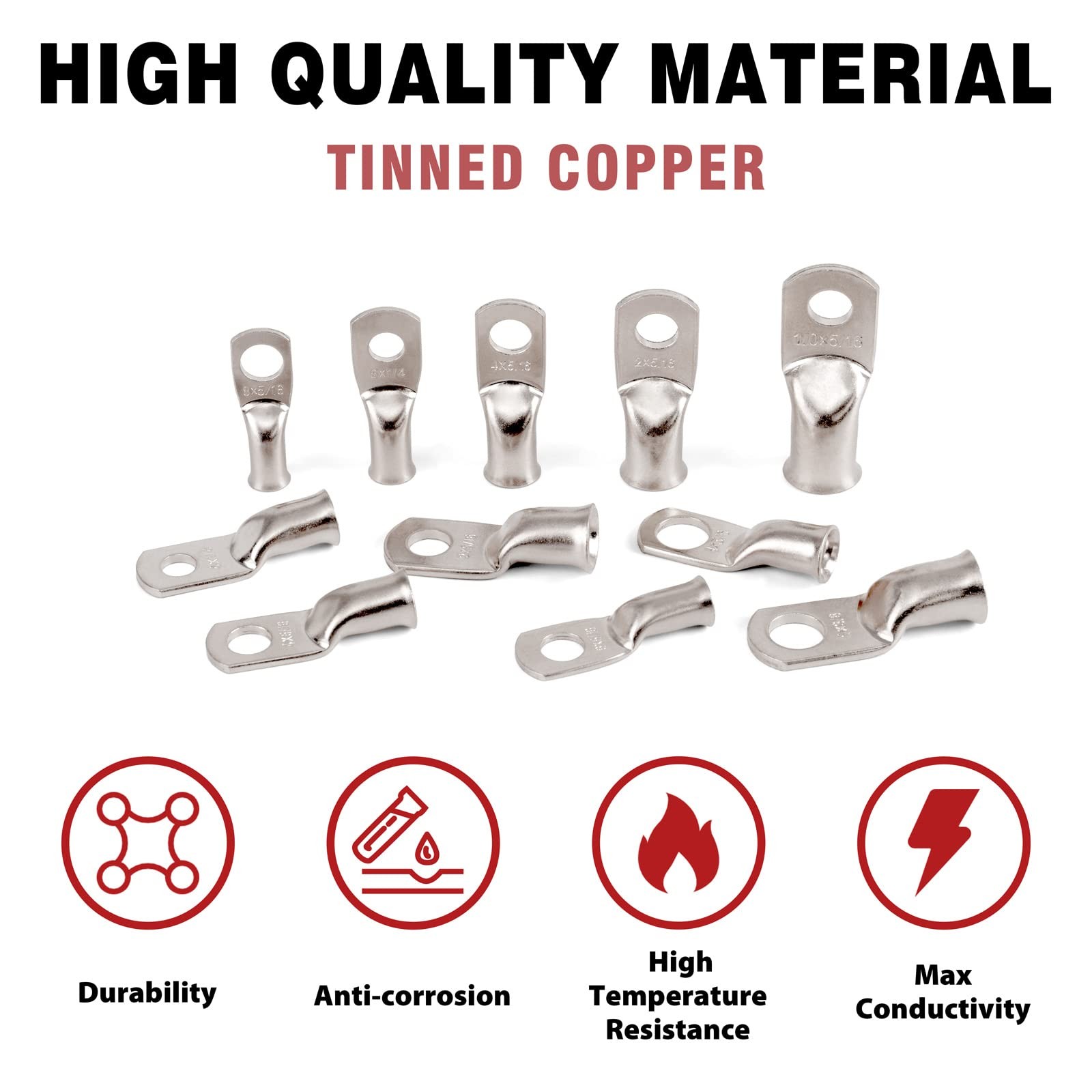 4AWG Tinned Copper Wire Lugs 5/16in Ring 10Pcs Marine Battery Cable Ends