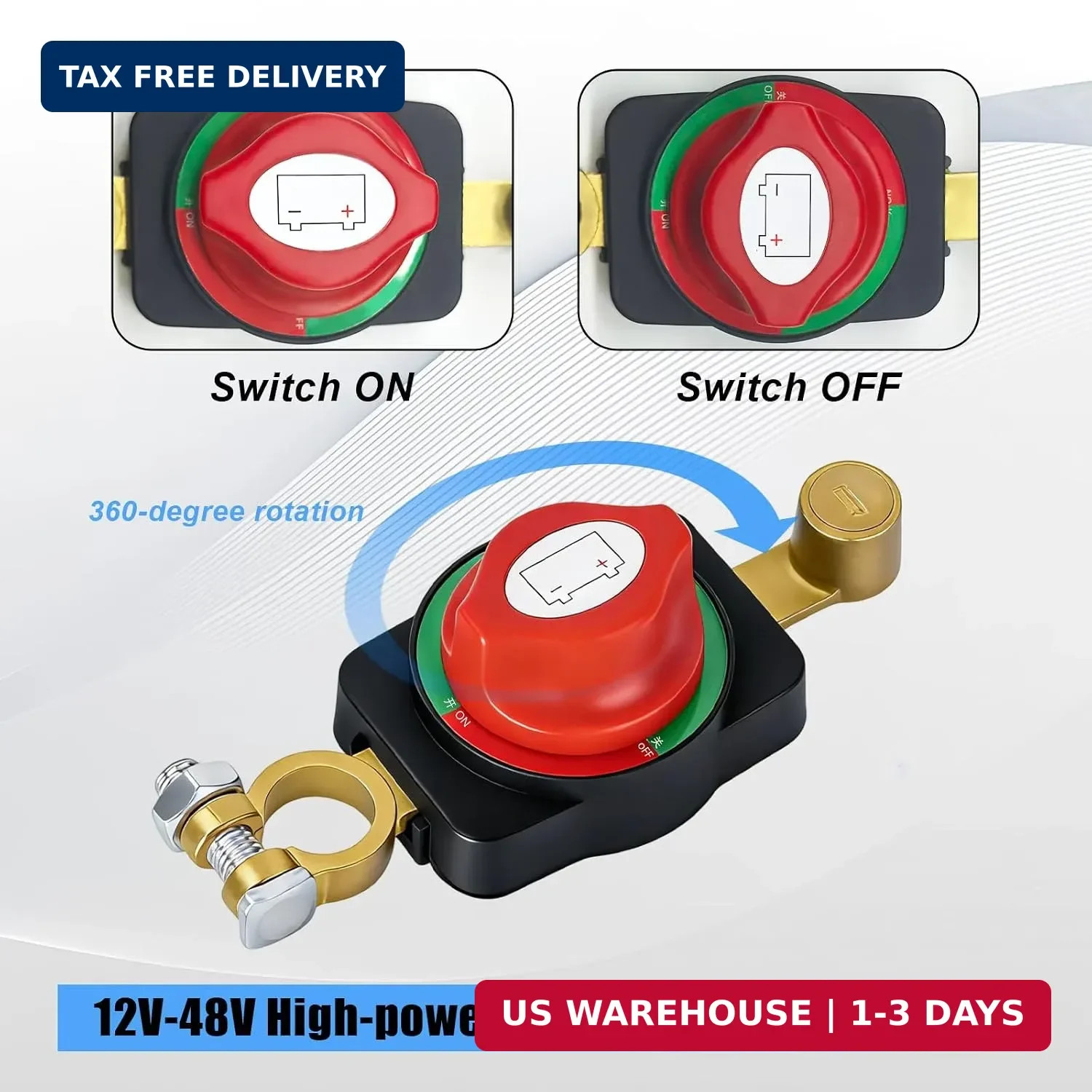 Top Post Battery Disconnect Switch 12V-48V, Heavy Duty On/Off Marine Quick Disco