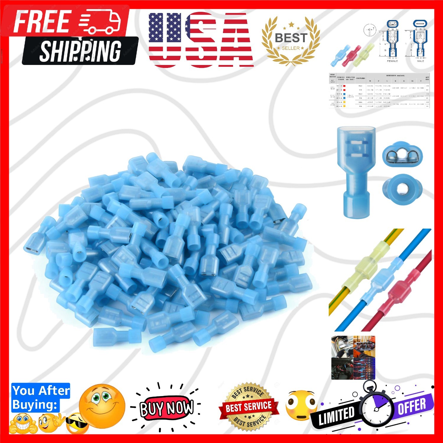 100 Pcs Blue Nylon Female Spade Connectors 16-14 AWG Quick Disconnect Wire Te…