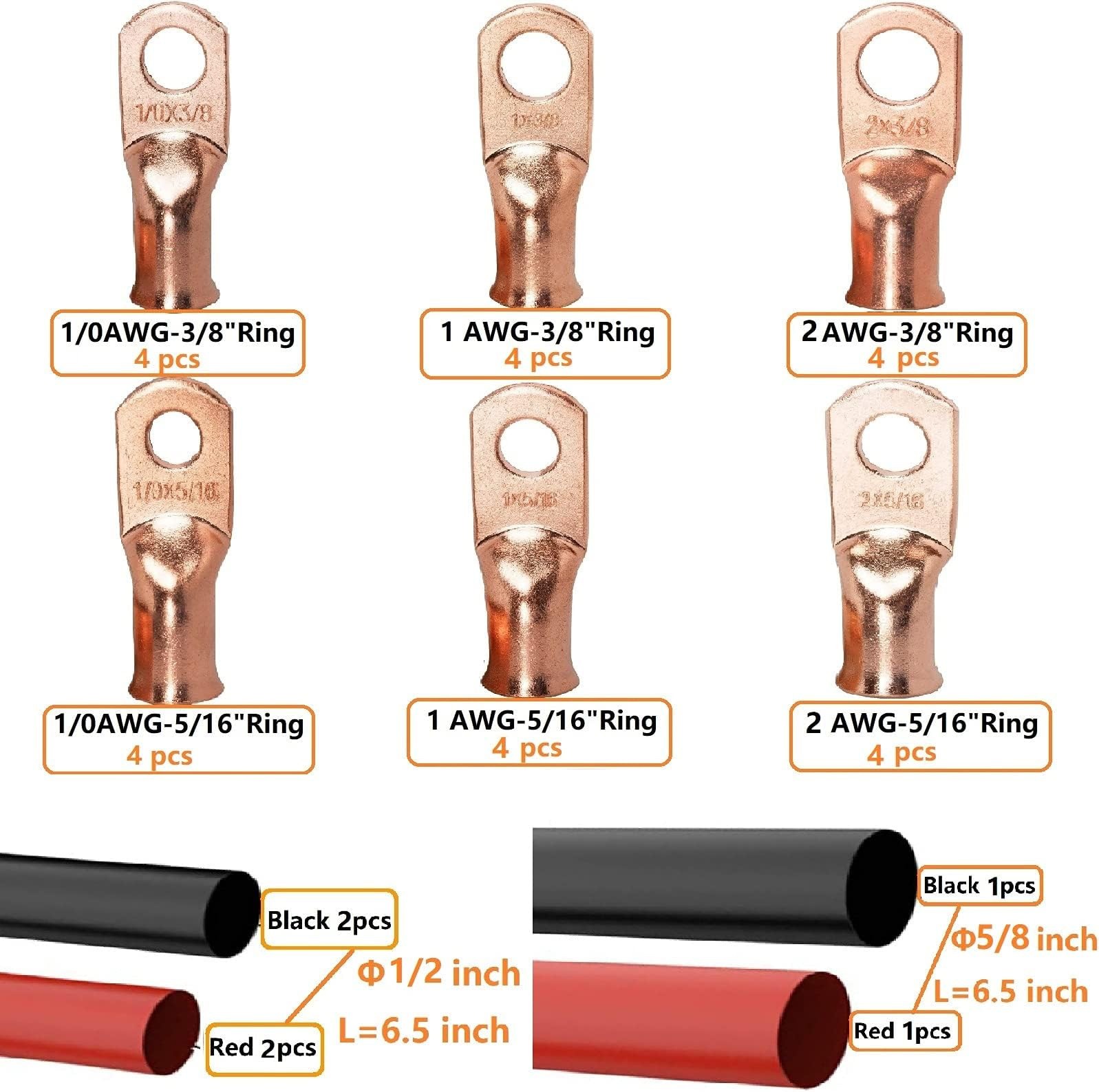 SVAAR 0 Gauge 1 Gauge 2 Gauge Copper Wire Lugs with 5/16″ and 3/8″ Stud Ring …