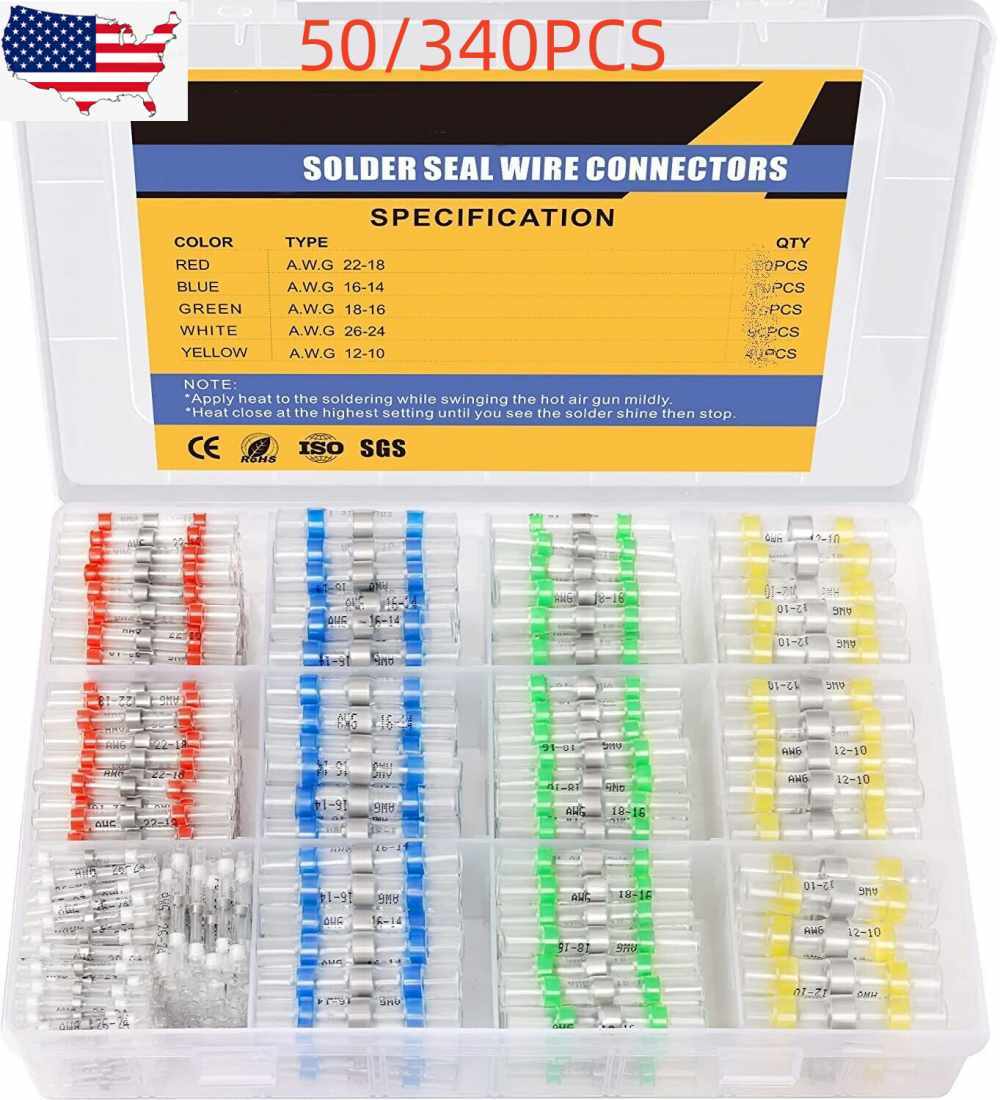 50/340PCS Solder Seal Sleeve Terminals Heat Shrink Butt/Wire Connectors Kit