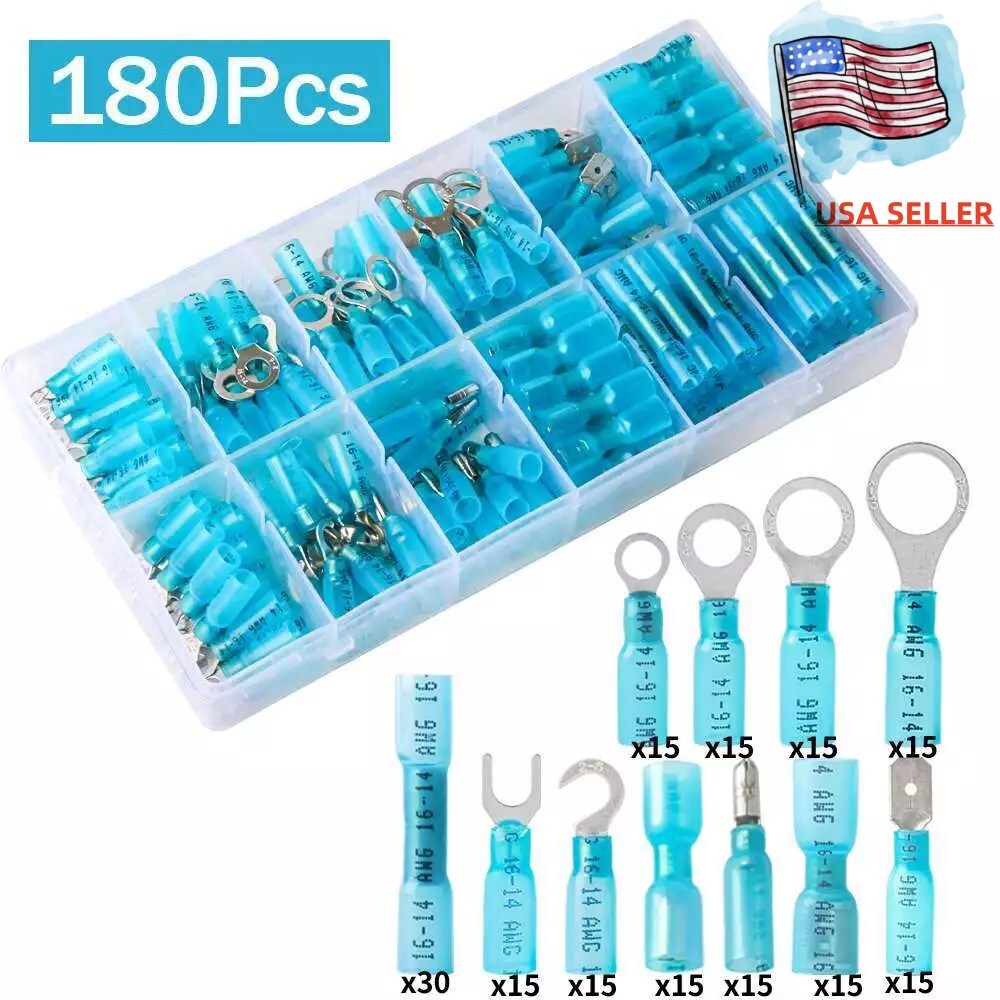 180x 16-14AWG Heat Shrink Wire Connectors Assortment CrimpTerminal Marine Case