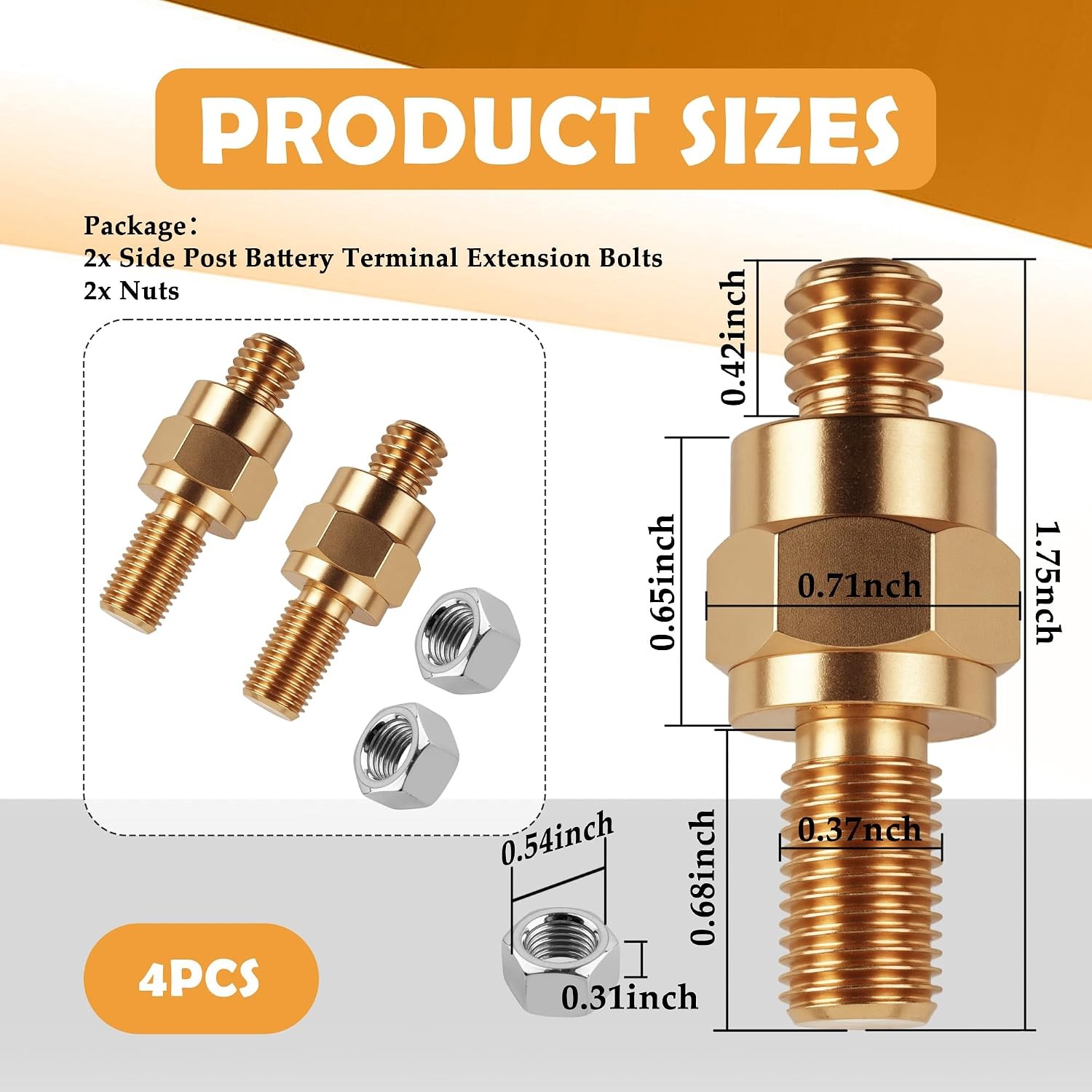 2Set Side Post Battery Terminal Extension Bolt With Nuts 3/8″-16 Coarse And 3/8″