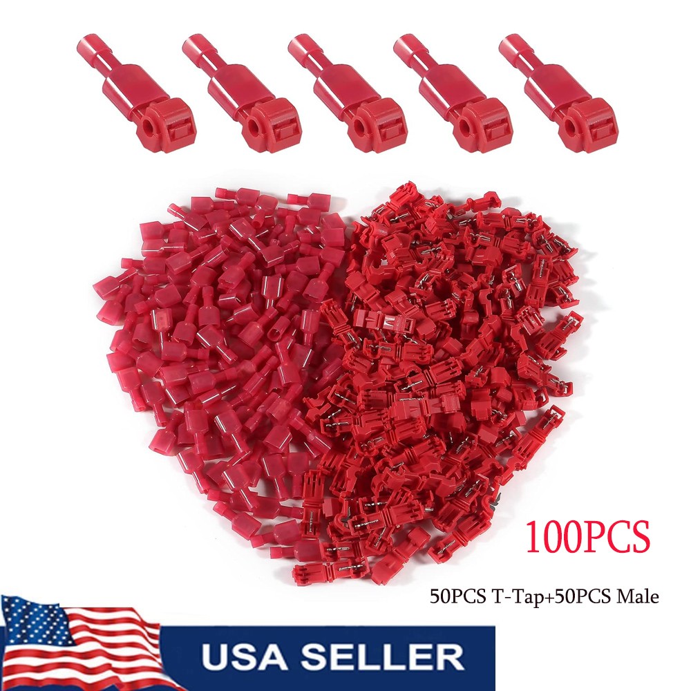 100pcs Red 22-18 Gauge T-tap Connectors & Male Spade Wire Quick Splice Terminals