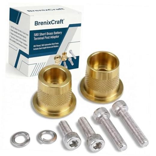 580 Short Brass Battery Terminal Post Adaptor Kit, M6 Thread, SAE Automotive