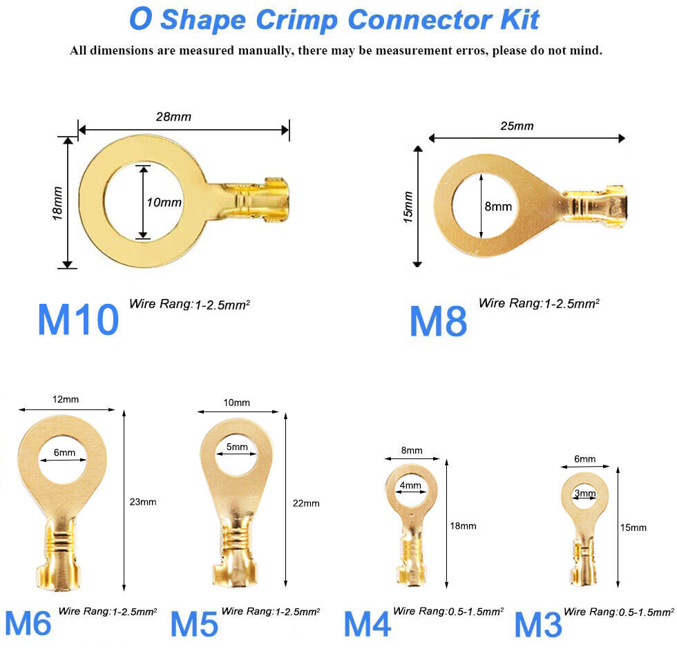 100x Assorted Copper Ring Crimp Electrical Wire Connector Spade Terminal M3-M10