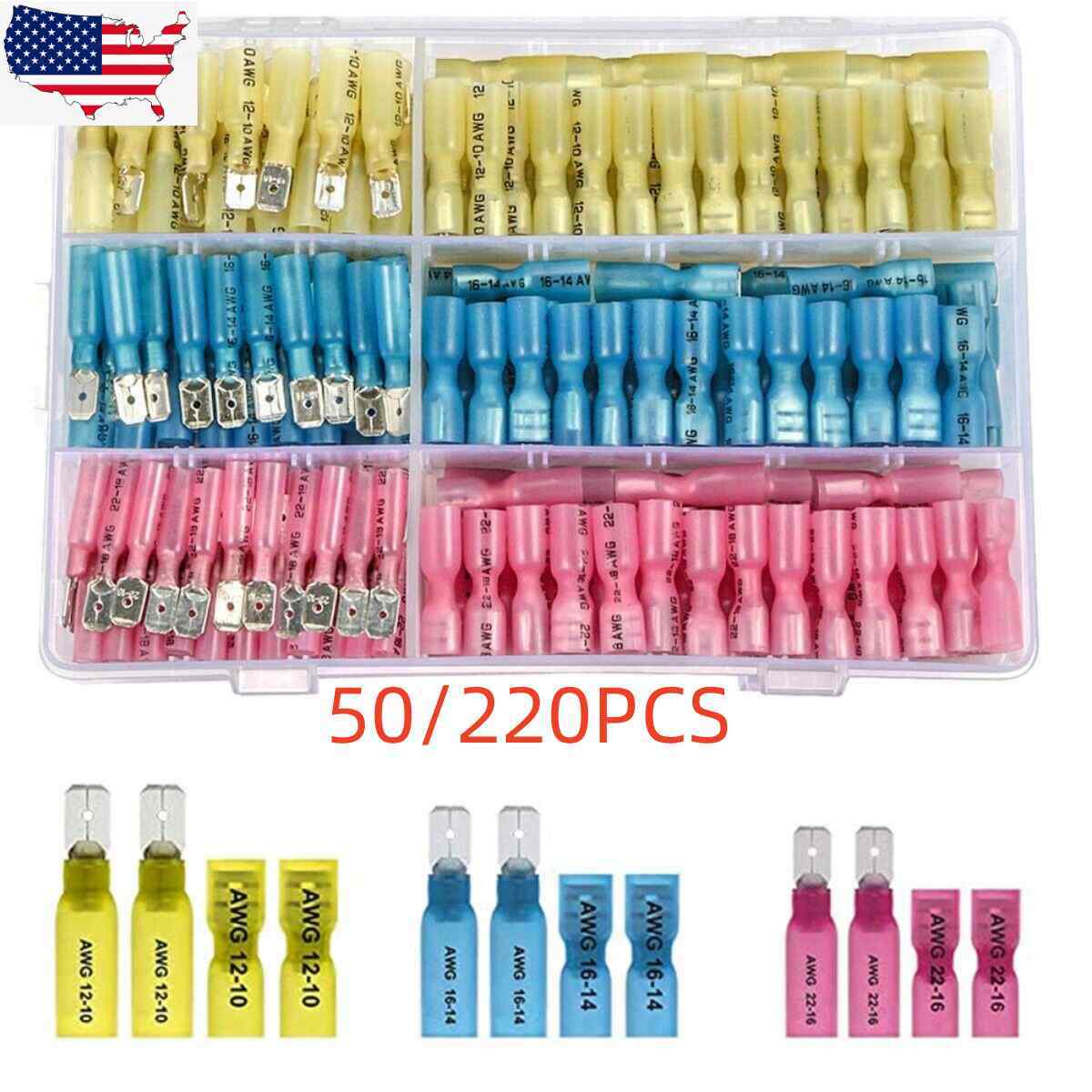 50/220PCS Heat Shrink Spade Connector Male Female Electrical Wire Terminals Kit