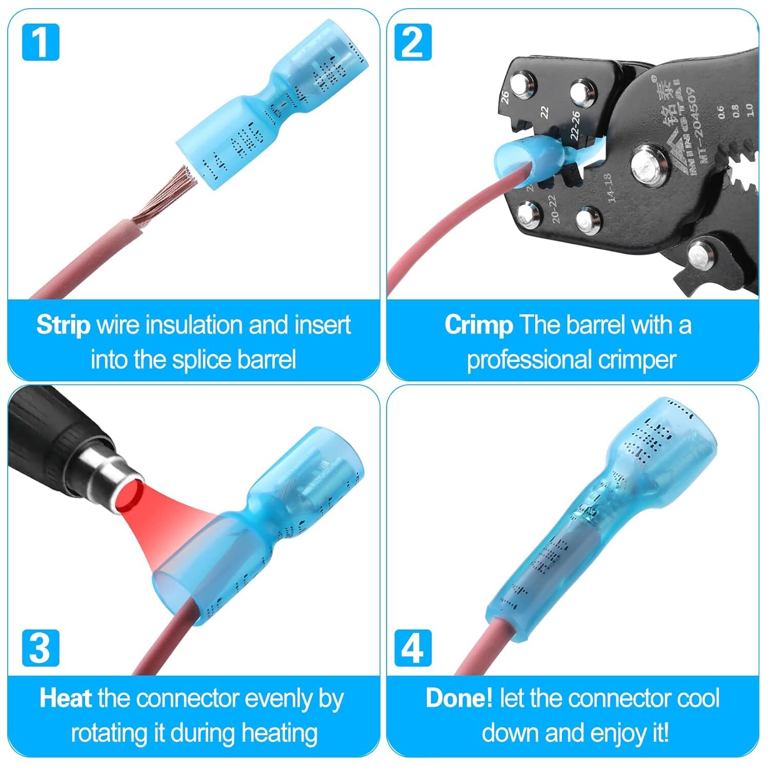 100-500X Spade Heat Shrink Wire Connectors 16-14 AWG Female Crimp Terminals Blue