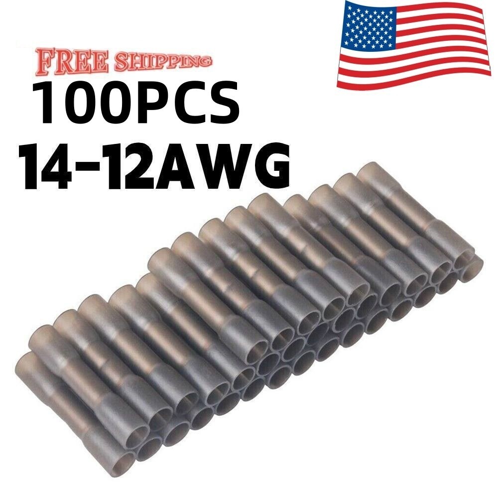 100PCS Heat Shrink Butt Wire Connectors Crimp Terminals Black AWG 14-12 Gauge