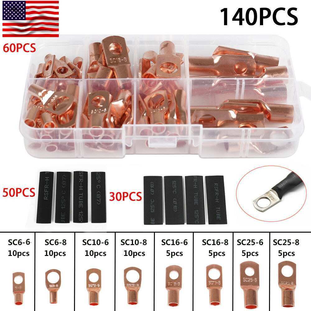 140PC Heavy Duty Wire Lugs Battery Cable Tinned Copper Eyelets SC Ring Terminals