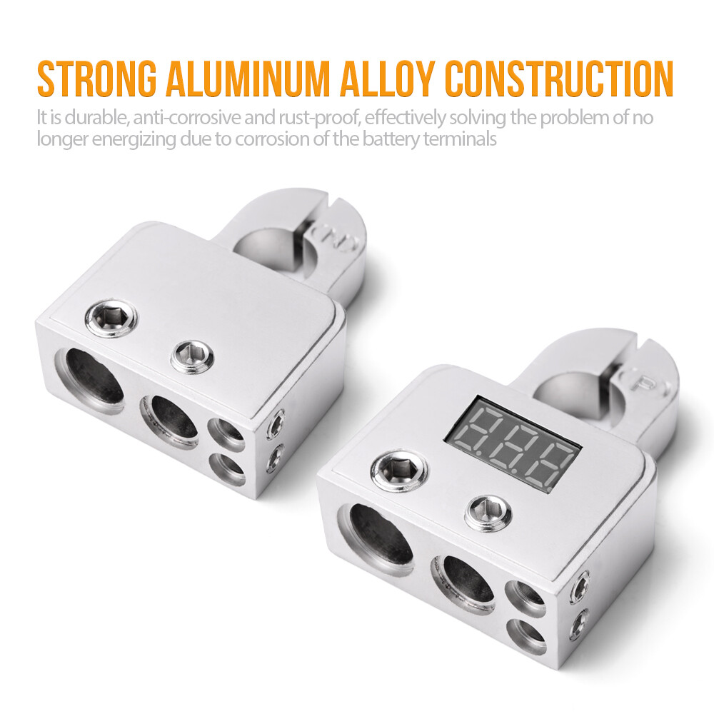 2Pcs Digital Car Battery Terminal Connectors w/ Voltmeter Power Post 0/4/8 Gauge