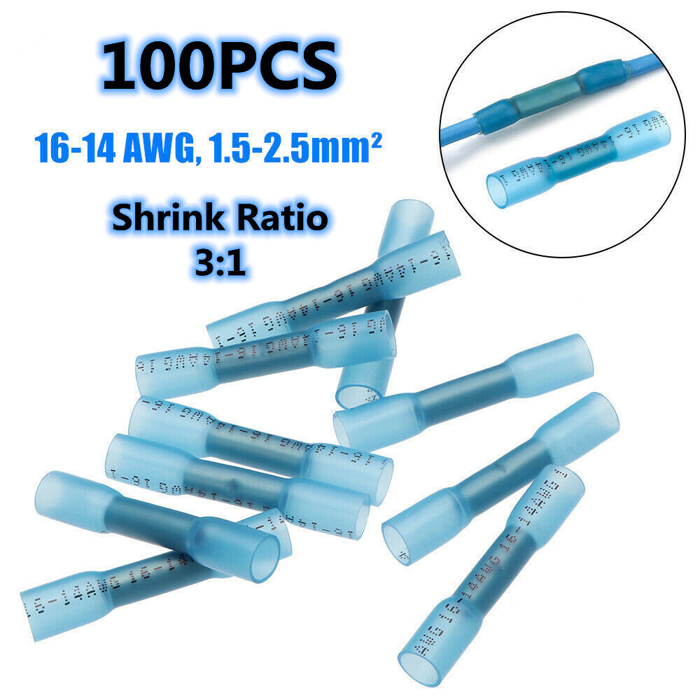 200pcs Blue 16-14 AWG PE Copper Waterproof Heat Shrink Butt Wire Crimp Connector