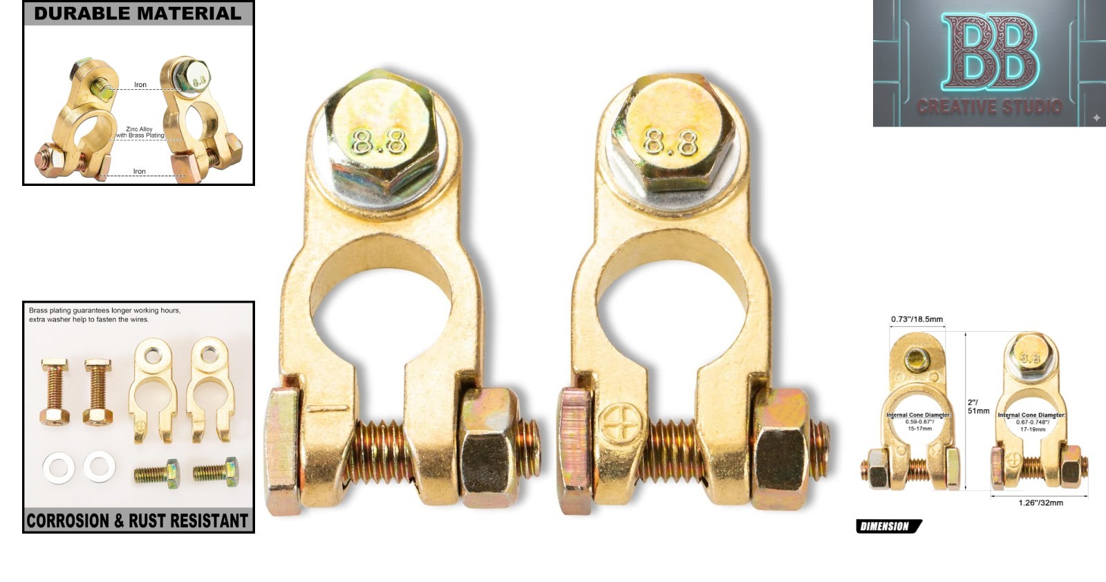 Gold Brass Battery Terminal Connectors for Top Post – 1 Pair for Cars, RVs