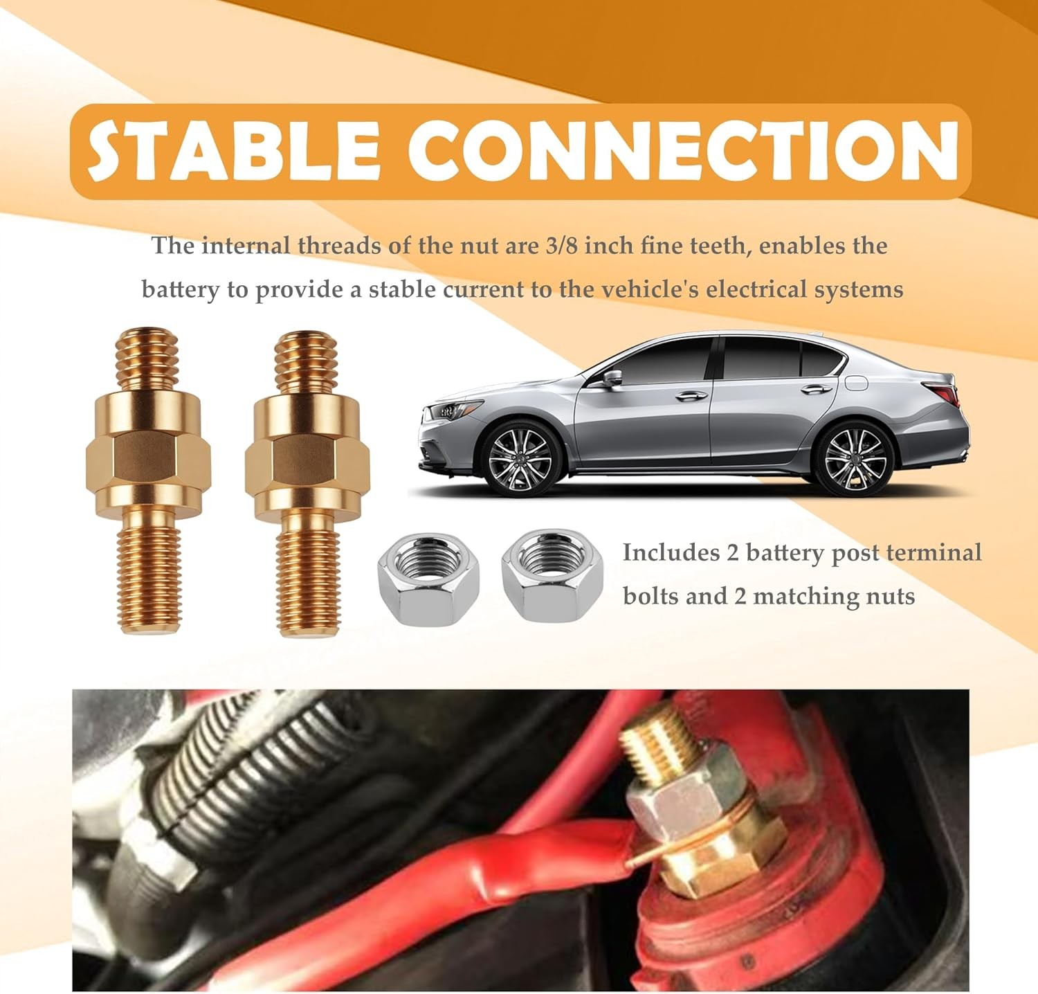 2 Set Side Post Battery Terminal Extension Bolt with Nuts,3/8″-16 Coarse and 3/8