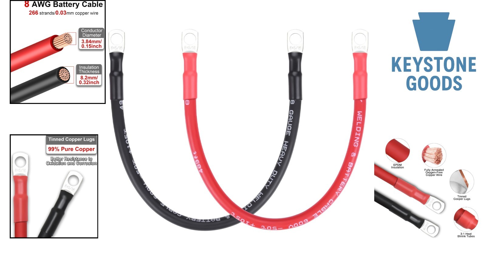 8 Gauge Battery Cable 1ft with Lugs for Automotive & Marine Power