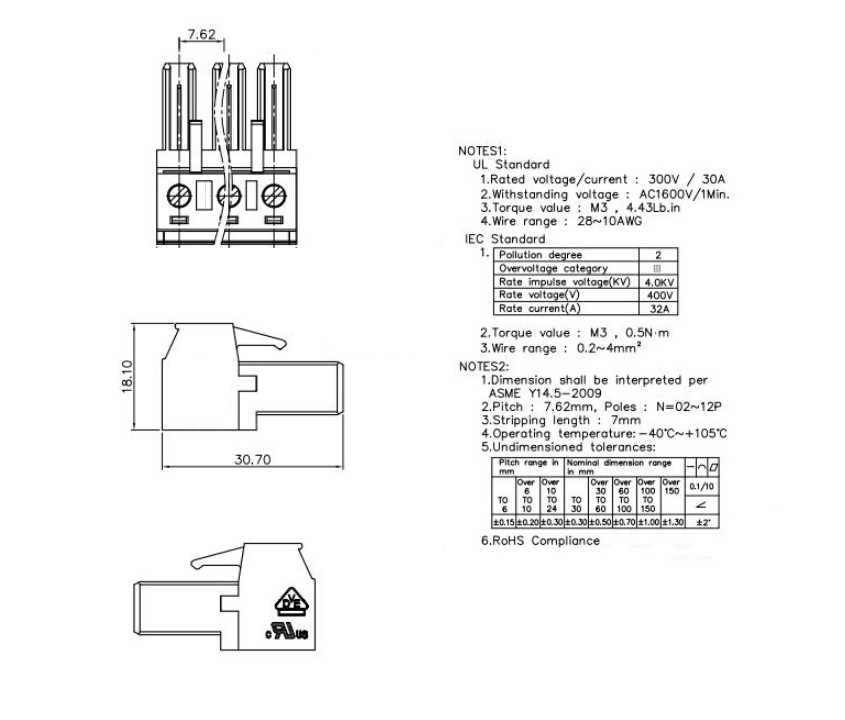 3 Pin 3-Pole – 7.62mm 32A 400V – Pluggable Terminal Block – Phoenix Connector
