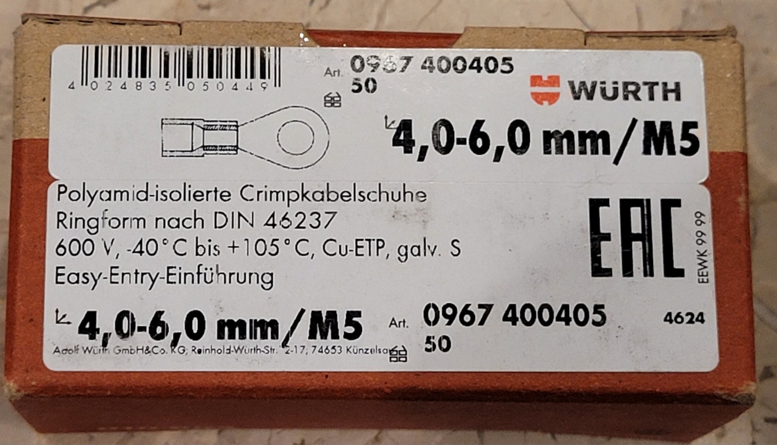 50 WURTH 4mm-6mm Insulated Ring Electrical Wire Connectors Spade Terminals