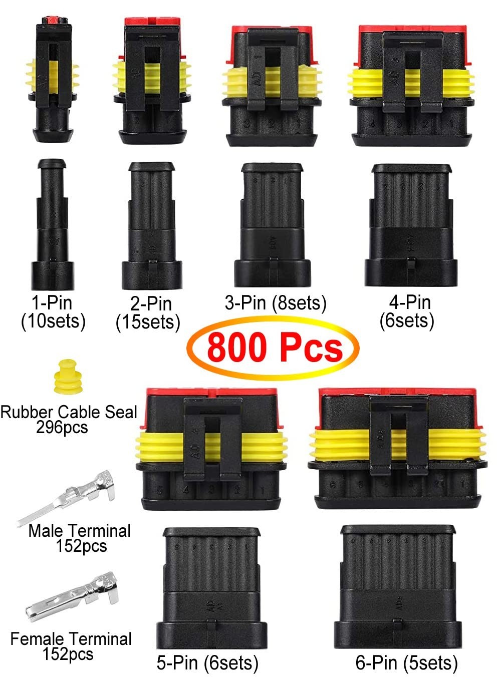 800pcs Waterproof Automotive Wire Connectors Kit with Crimper, 22-16 AWG, Male/F