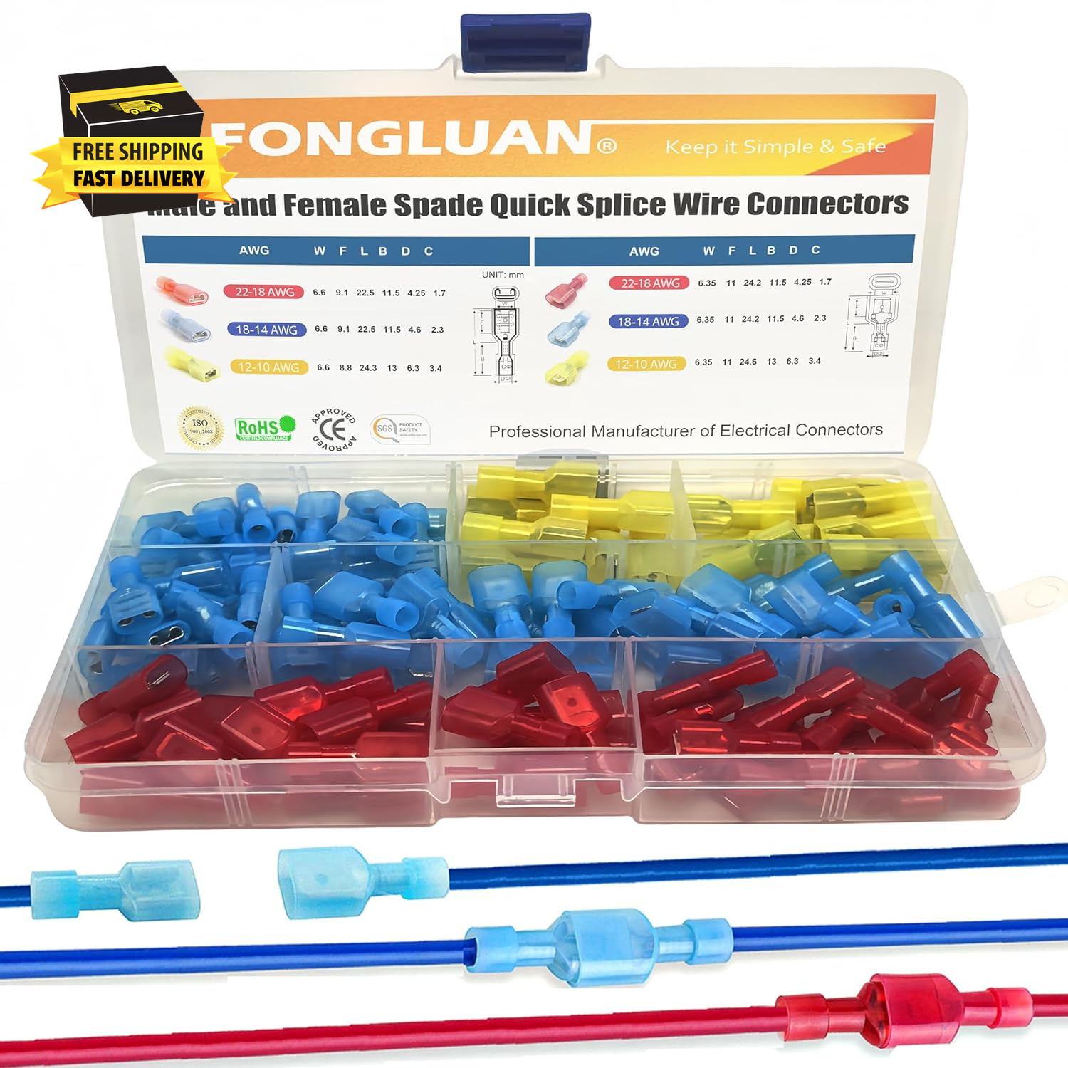120Pcs Male and Female Spade Connectors 24-10 Gauge Nylon Fully Insulated Wire Q