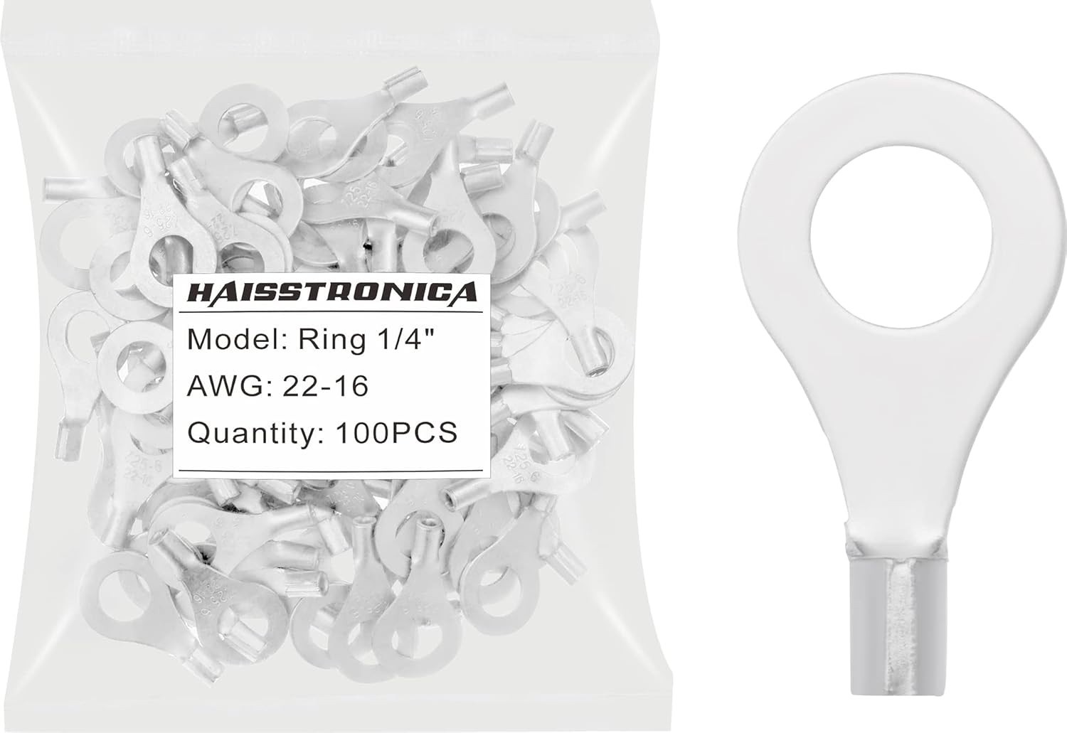 Haisstronica 100PCS Ring Terminals 1/4″ AWG 22-16 Non-Insulated Bare Copper |