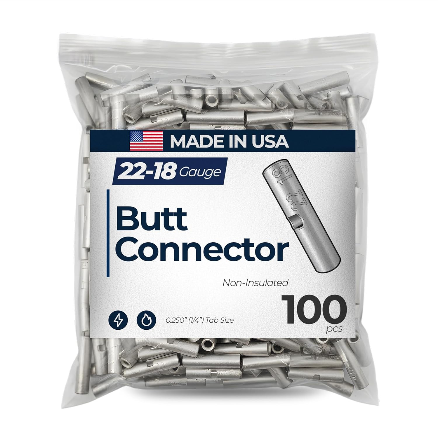 100 Pcs Non-Insulated 22-18 Gauge Seamless Butt Connectors – Pure Copper for Cor