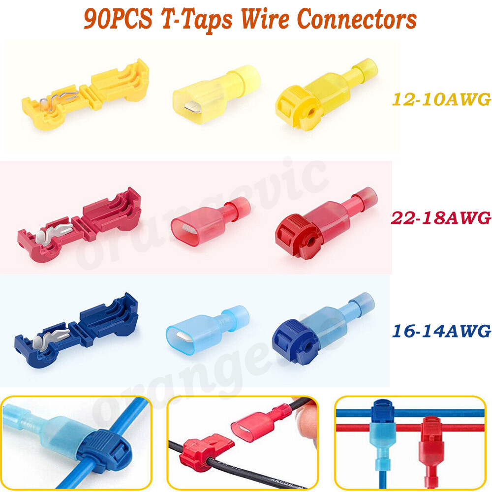 90PCS Insulated T-Taps Quick Splice Wire Terminals Crimp Connectors Kit 22-10AWG