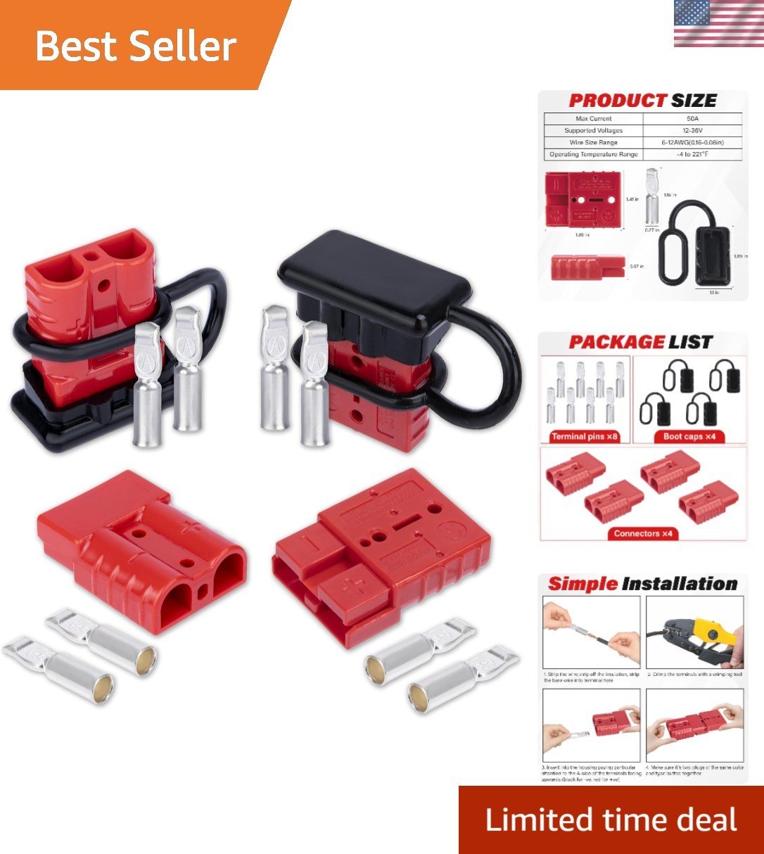 50 Amp Anderson Connector Set – Quick Disconnect for 6-12 Gauge Cables, 4 Pack