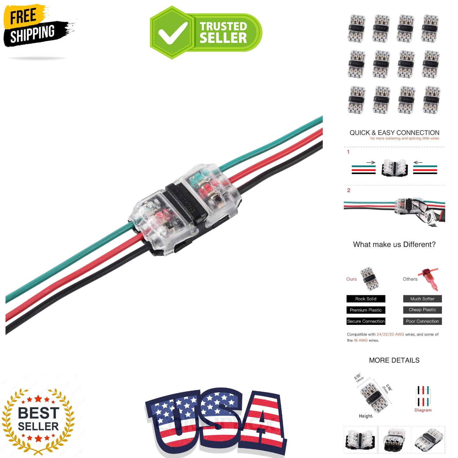 Low Voltage Wire Connectors, Quick Solderless Wire Splice Connector 12 Pack, …