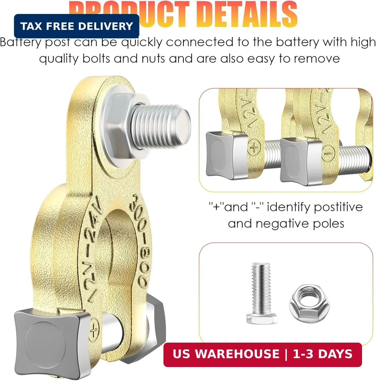 Heavy Duty Battery Terminal Connectors, Pure Copper Battery Cable Ends with Anti