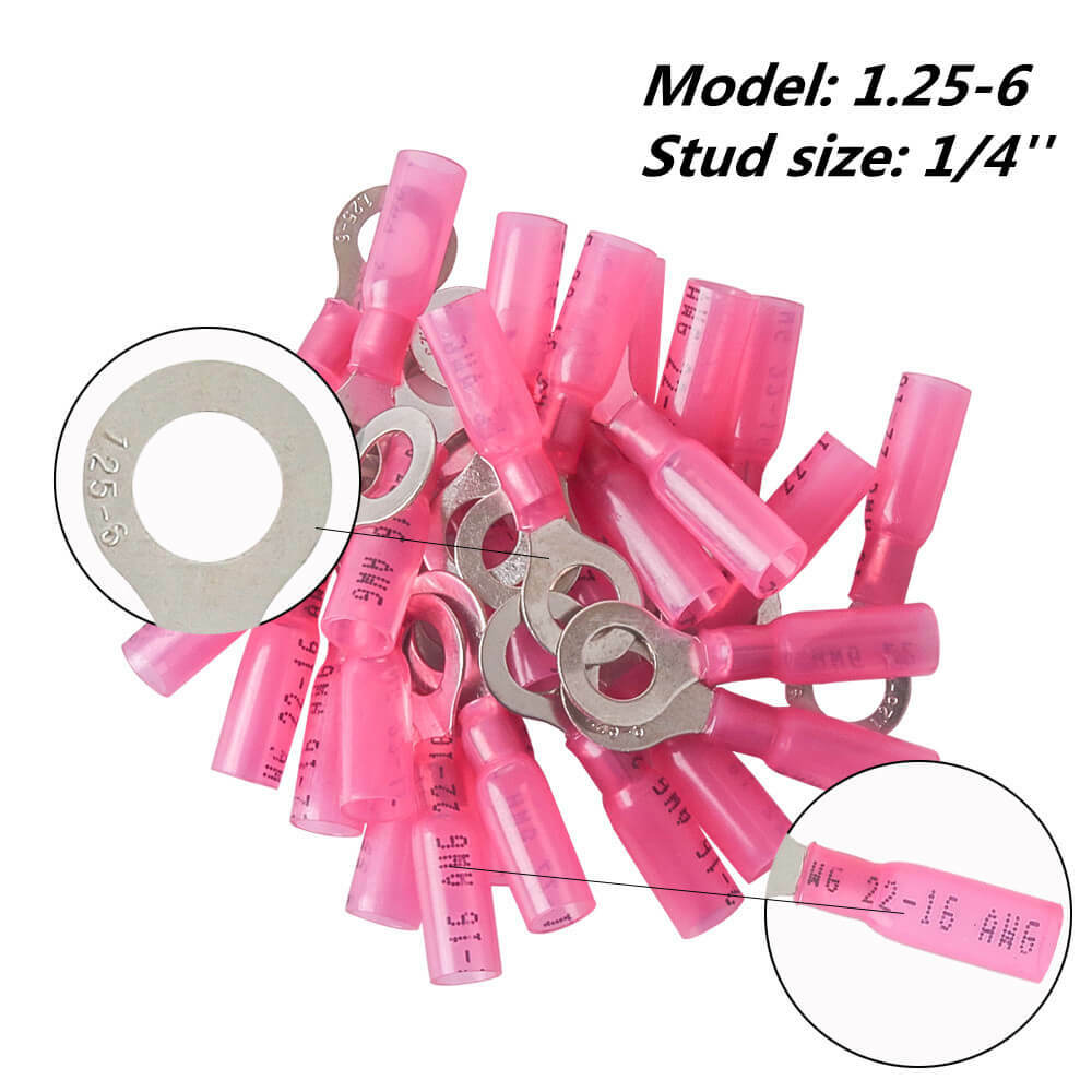 100PCS HRV1.25-6 AWG 22-16 Red Heat Shrink Electrical Wire Solder Terminals