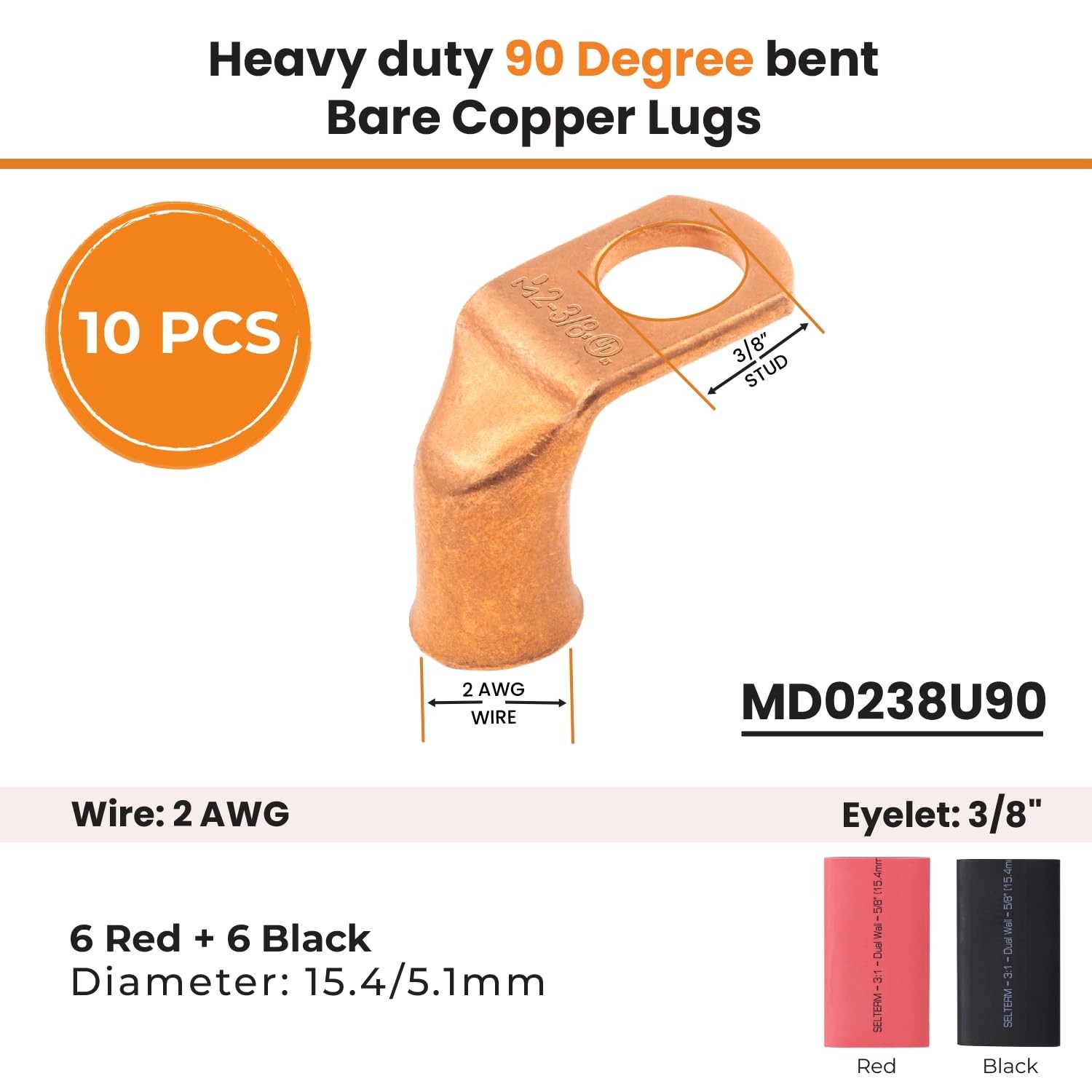 10pcs 2 AWG Battery Lugs 90° Bent Ring Terminals + 12 Heat Shrink Tubing Kit