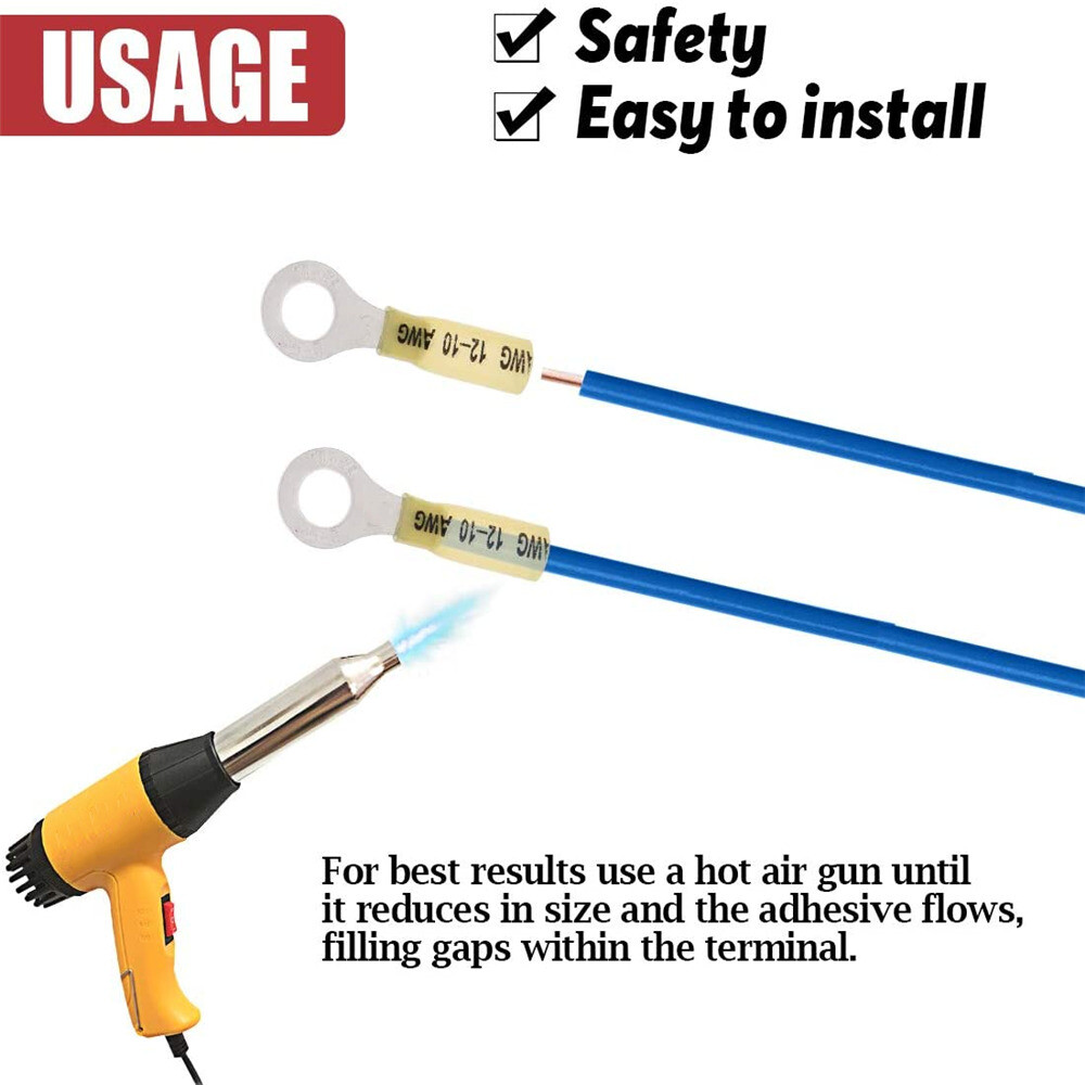 Yellow Heat Shrink Ring Terminals Marine Wire Connectors 12-10 AWG 5/16″Stud 50X