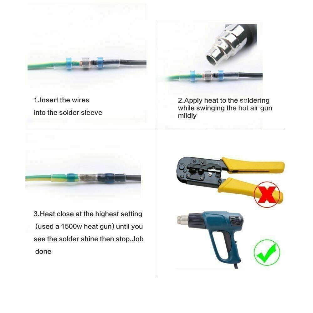 100/50 Blue Solder Seal Heat Shrink Waterproof 16-14 AWG Connector Butt Terminal