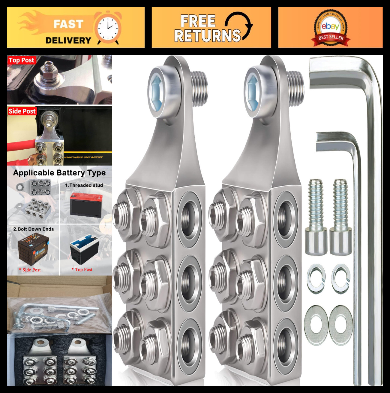 12-Way Battery Terminal Connectors, 10AWG to 4/0 AWG, Top Post for Cars, Trucks,
