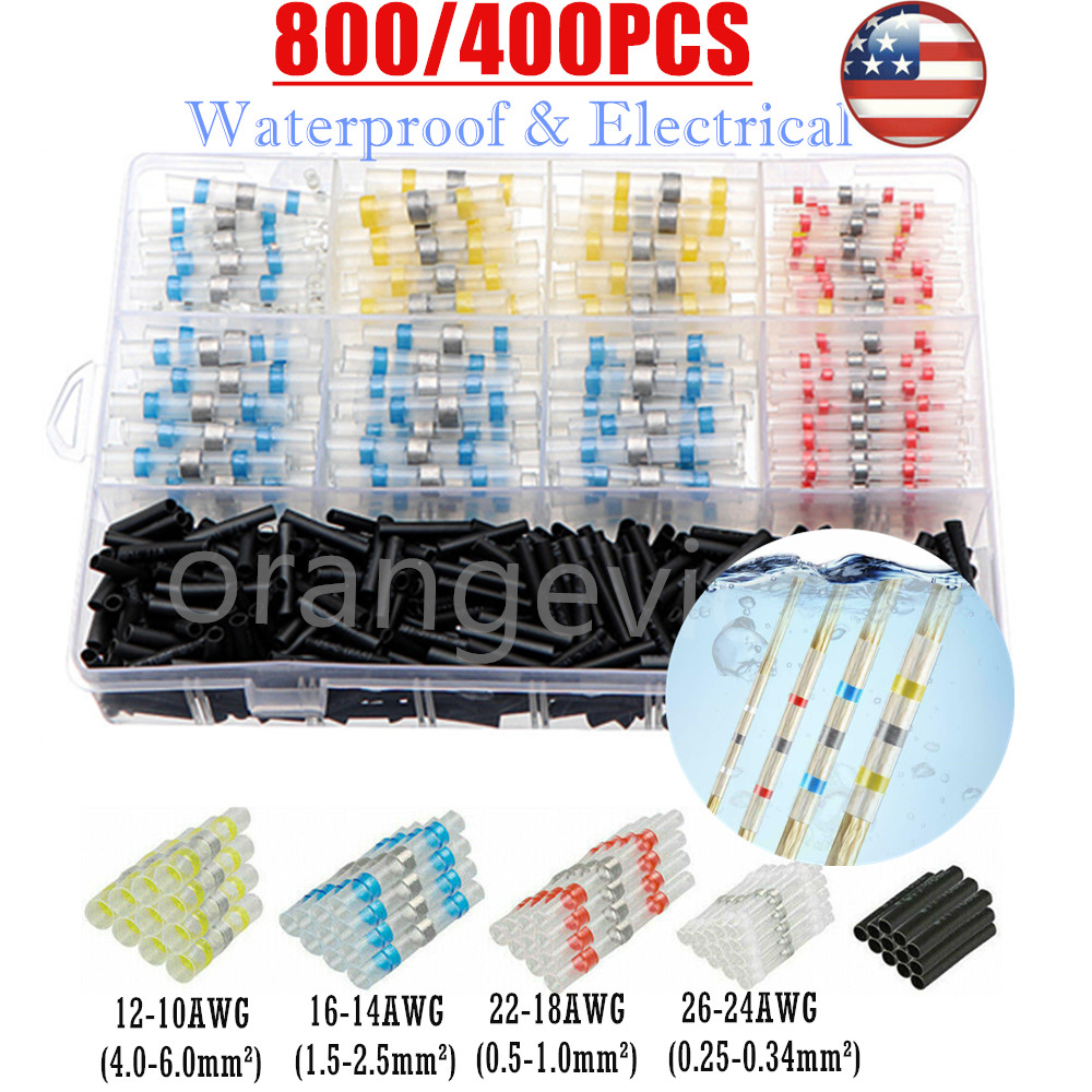 800/400PCS Waterproof Solder Seal Wire Connectors Heat Shrink Butt Terminals Kit