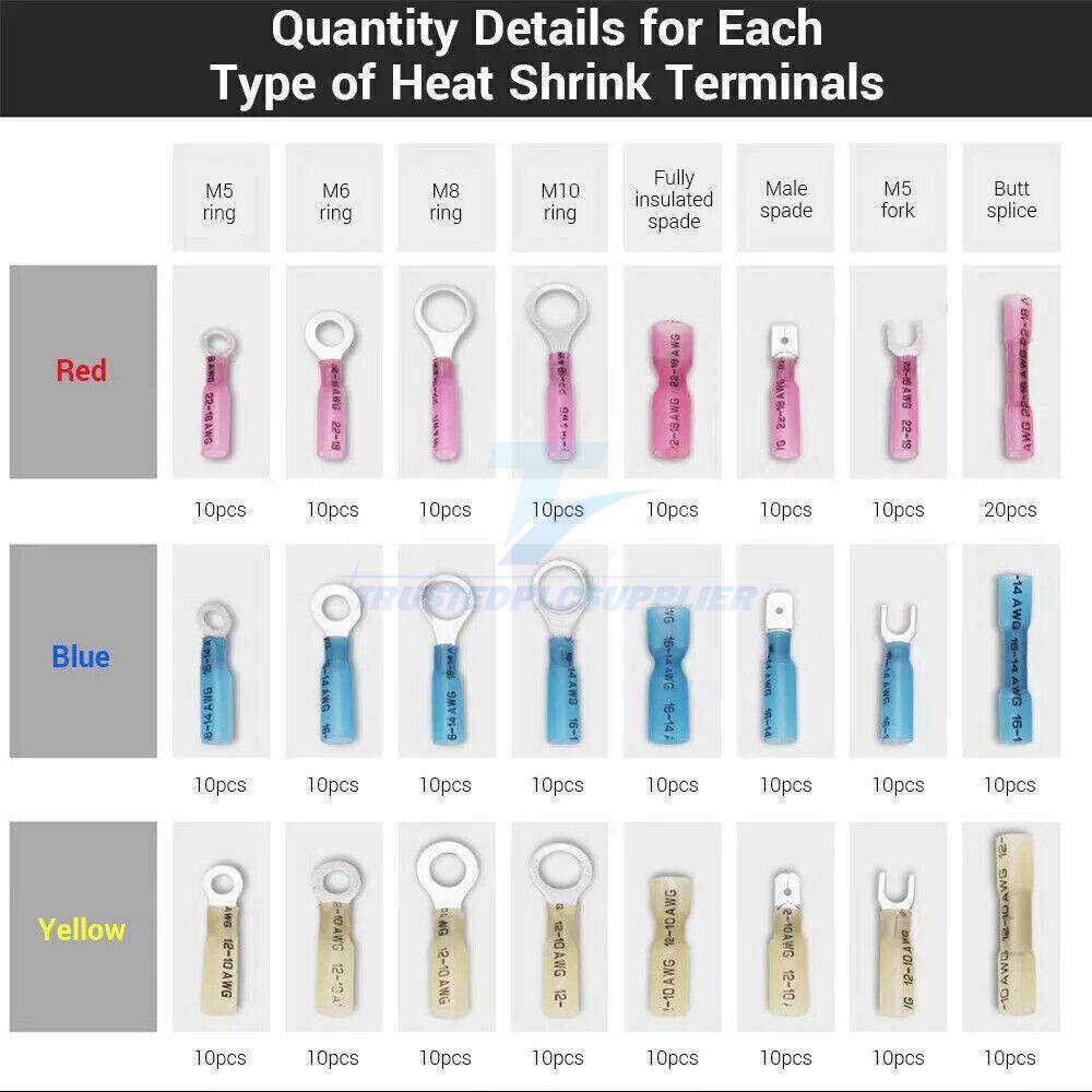 250x Heat Shrink Wire Connectors Electrical Ring Fork Spade Crimp Terminals Kit