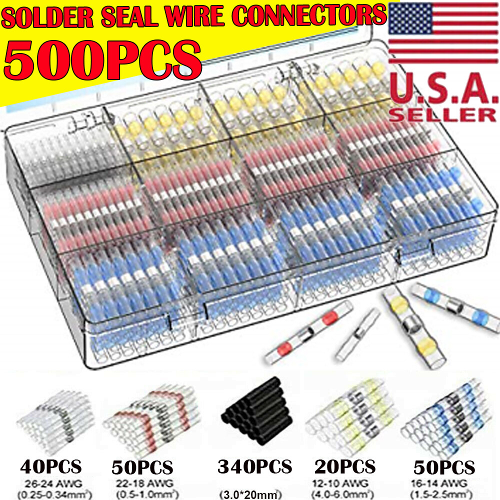 500PCS Solder Seal Sleeve Heat Shrink Electric Butt Wire Connectors Terminal Kit