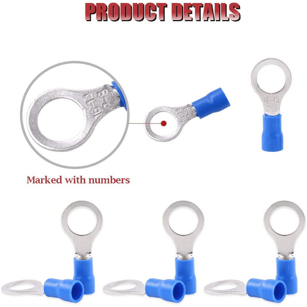 150pcs Blue Gauge 16-14AWG Wire Connectors Vinyl 5/16″ Stud Ring Terminals RV2-8