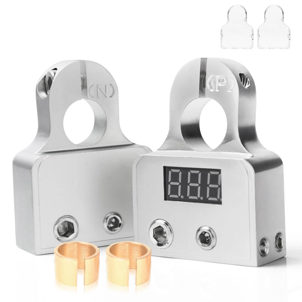 2X Digital Car Battery Terminal Connectors w/ Voltmeter Power Post 0/4/8 Gauge