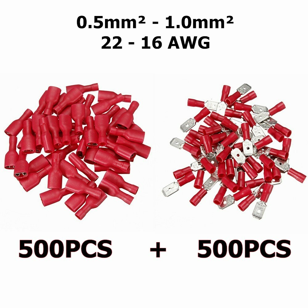 1000Pcs Red 18-22AWG Female & Male Crimp Wire Spade Connectors Terminals Set Kit
