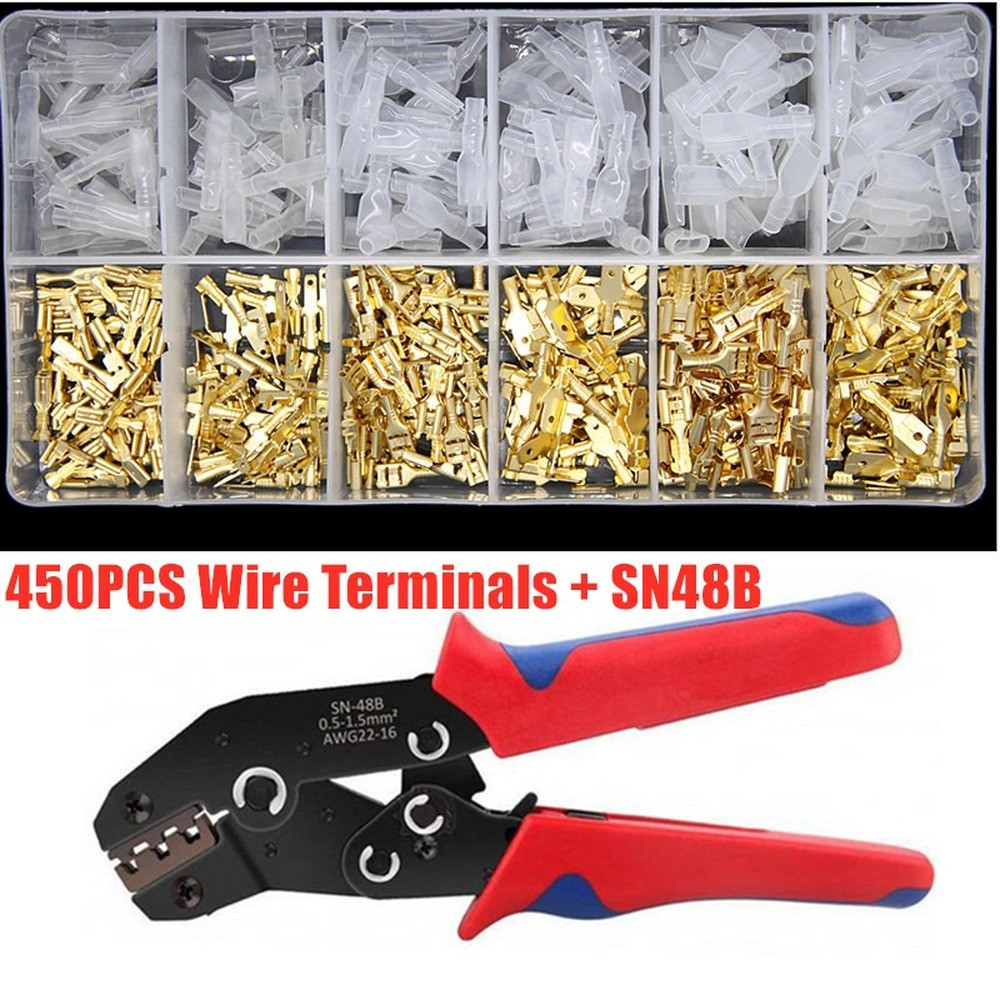 450X Wire Connectors Spade Crimp Terminals SN-48B Ratchet Crimper Plier Tool Kit