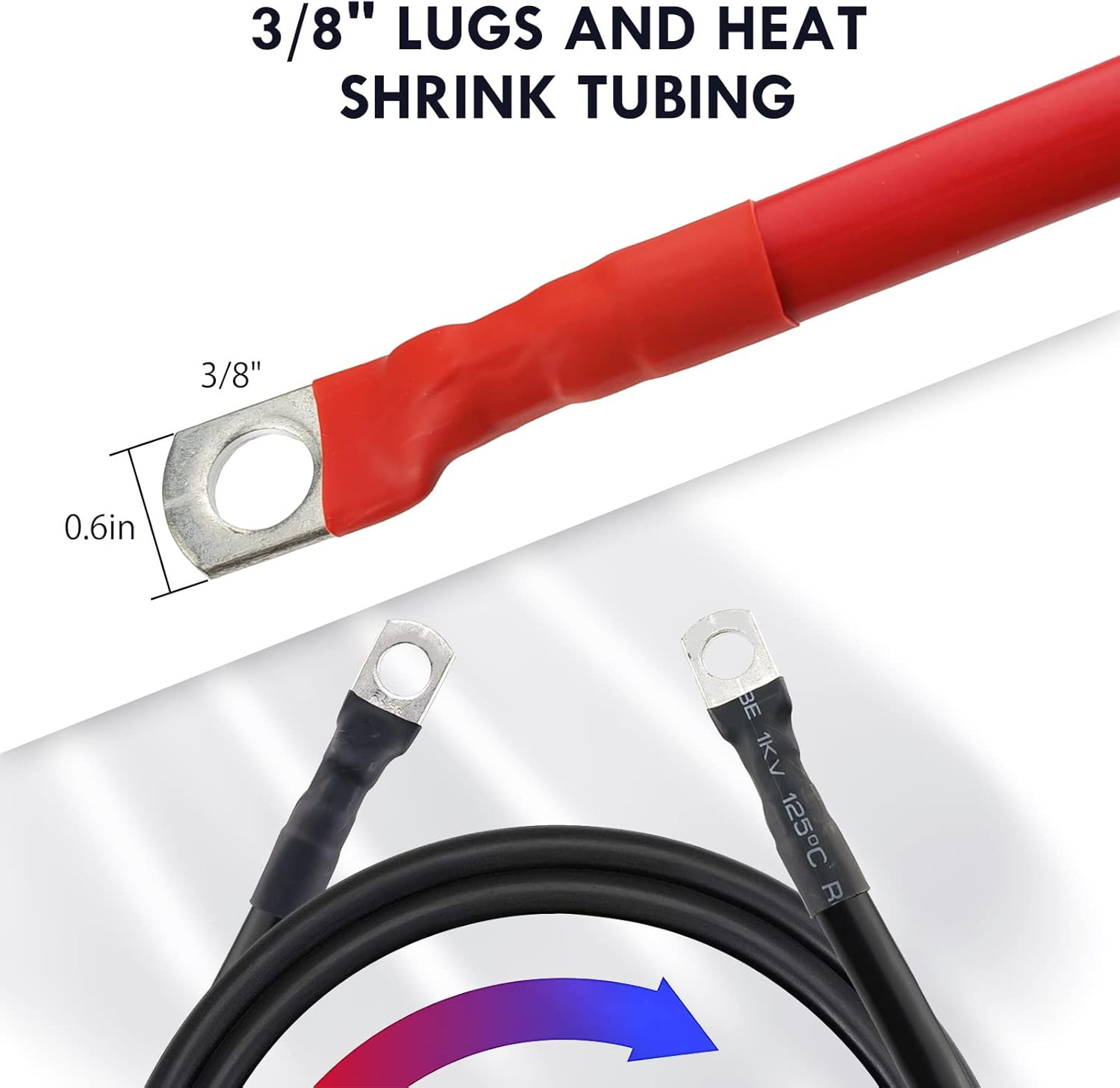 2 AWG Battery Cable 3FT 2 Gauge Pure Copper Battery Inverter Cables with 3/8 in
