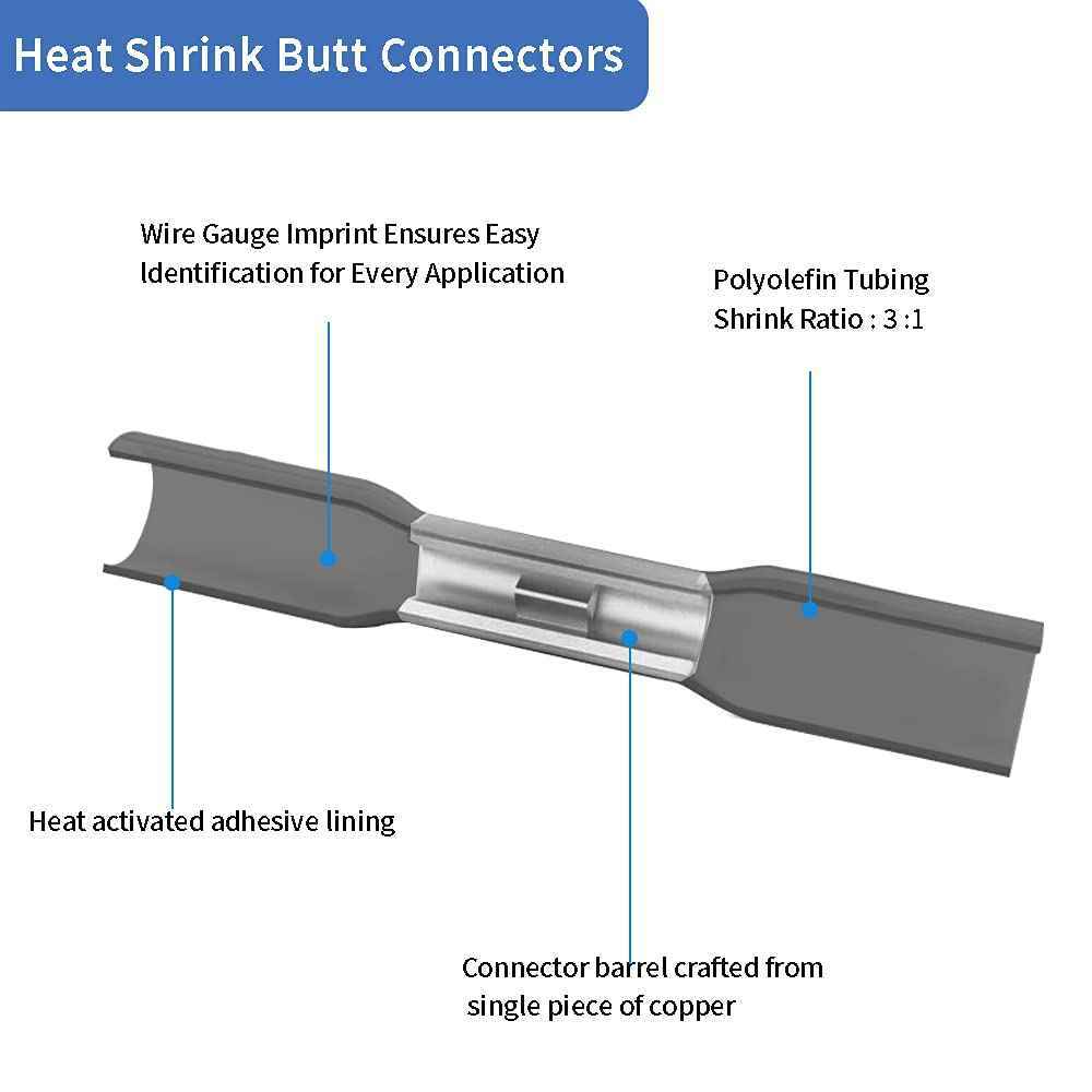 Copper 14-12AWG 3:1 Ratio Heat Shrink Butt Wire Crimp Connectors Terminals 50PCS