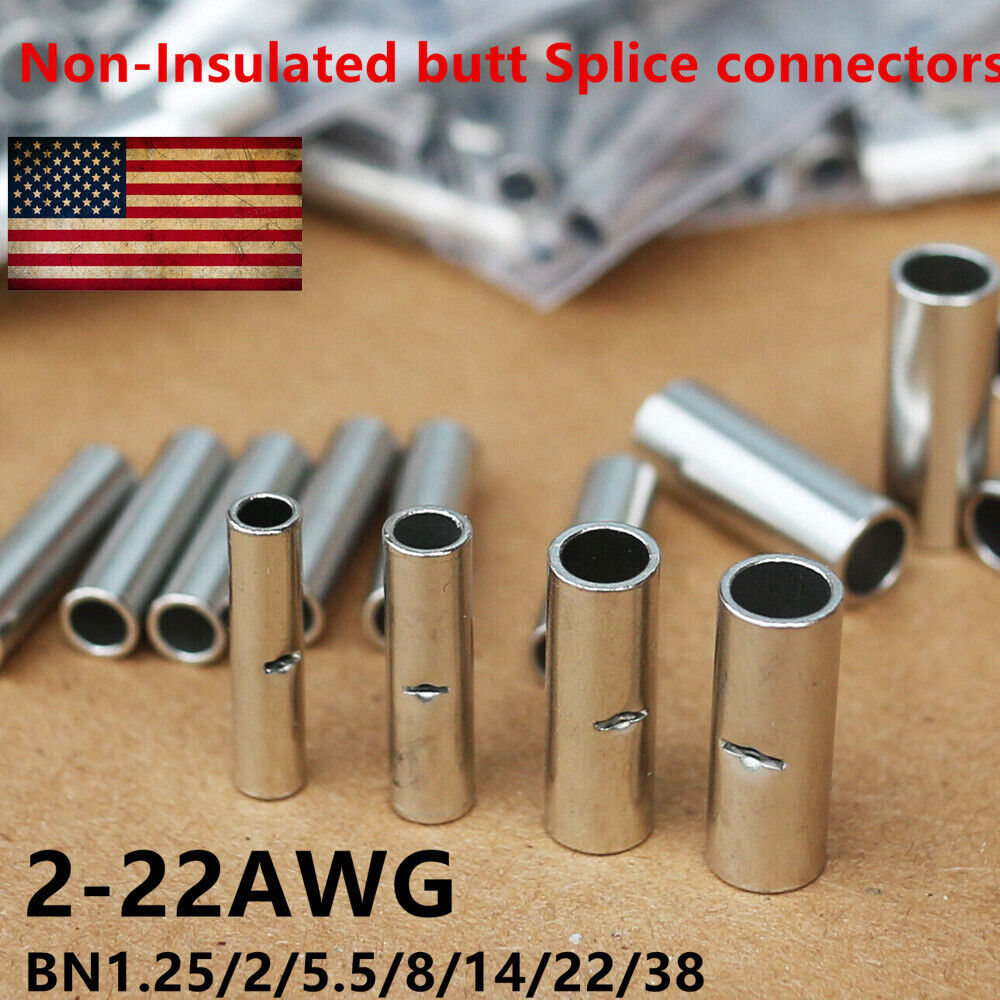 10-100Pcs 2-22 AWG Non-Insulated Copper butt Splice connectors terminal barrel
