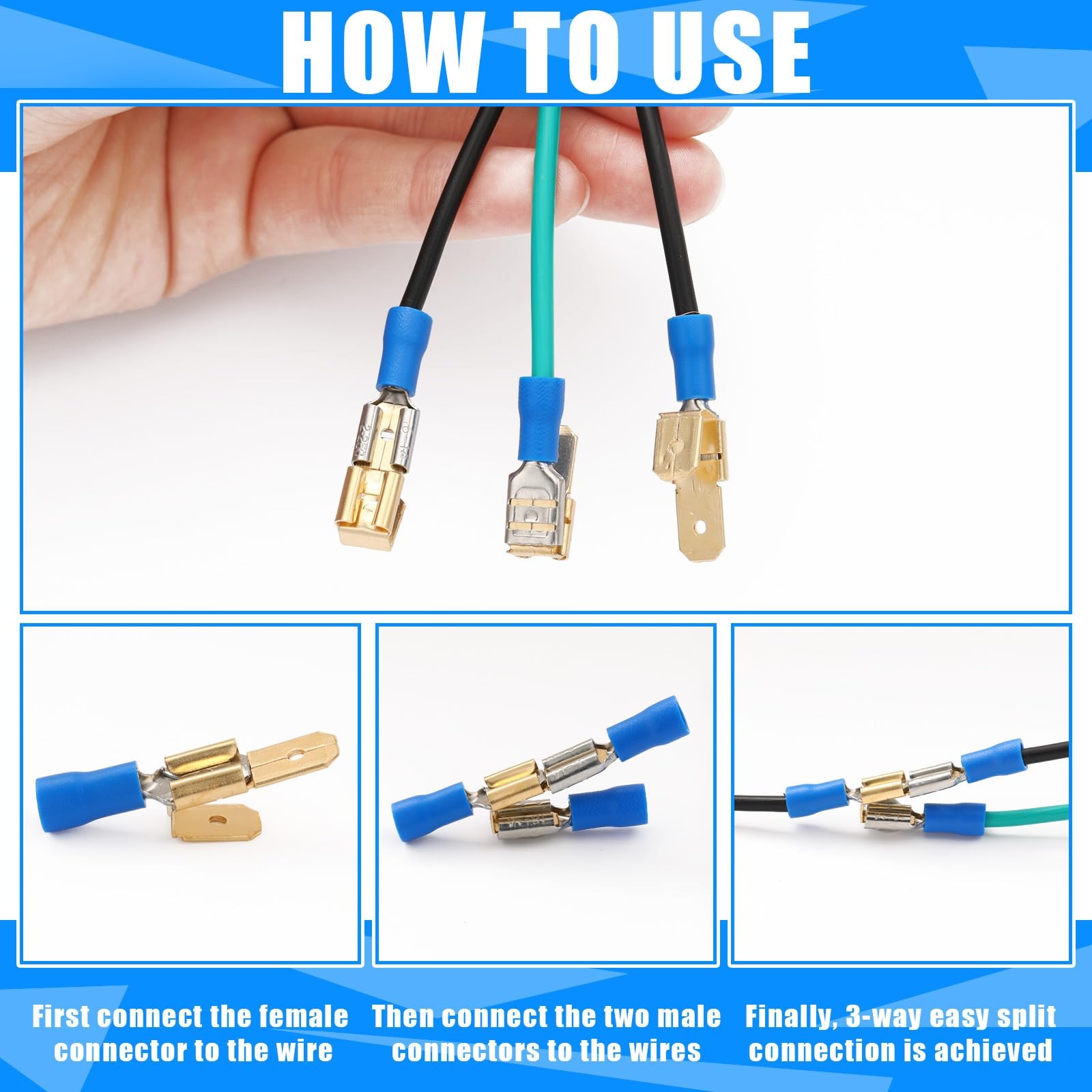 Tellegloww 25Pcs Piggyback Spade Connectors 3 Way Brass Crimp Terminal Kit