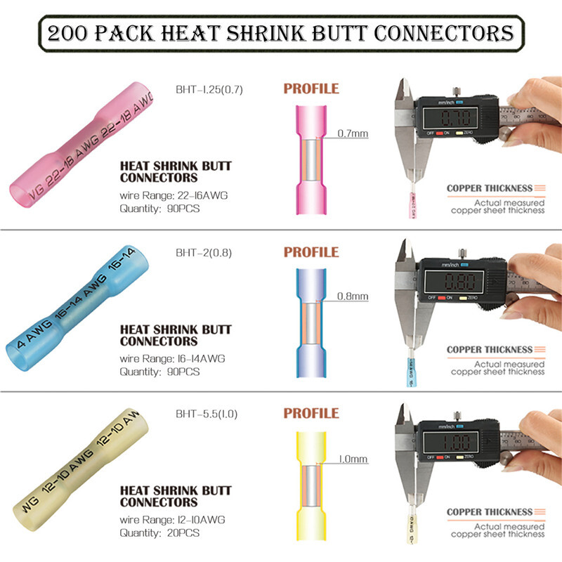 200PC Heat Shrink Butt Red Blue Yellow Waterproof Wire Connectors Seal Terminals