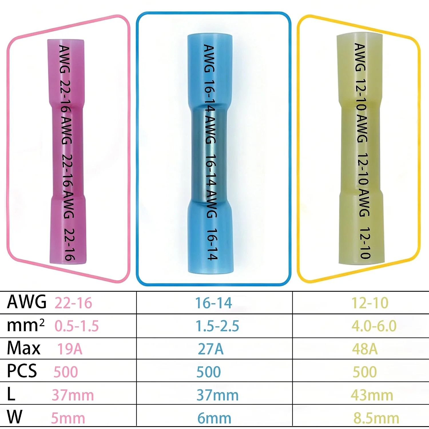 1500 PCS Heat Shrink Butt Connectors,12-10 AWG,16-14 AWG,22-16 AWG Waterproof El