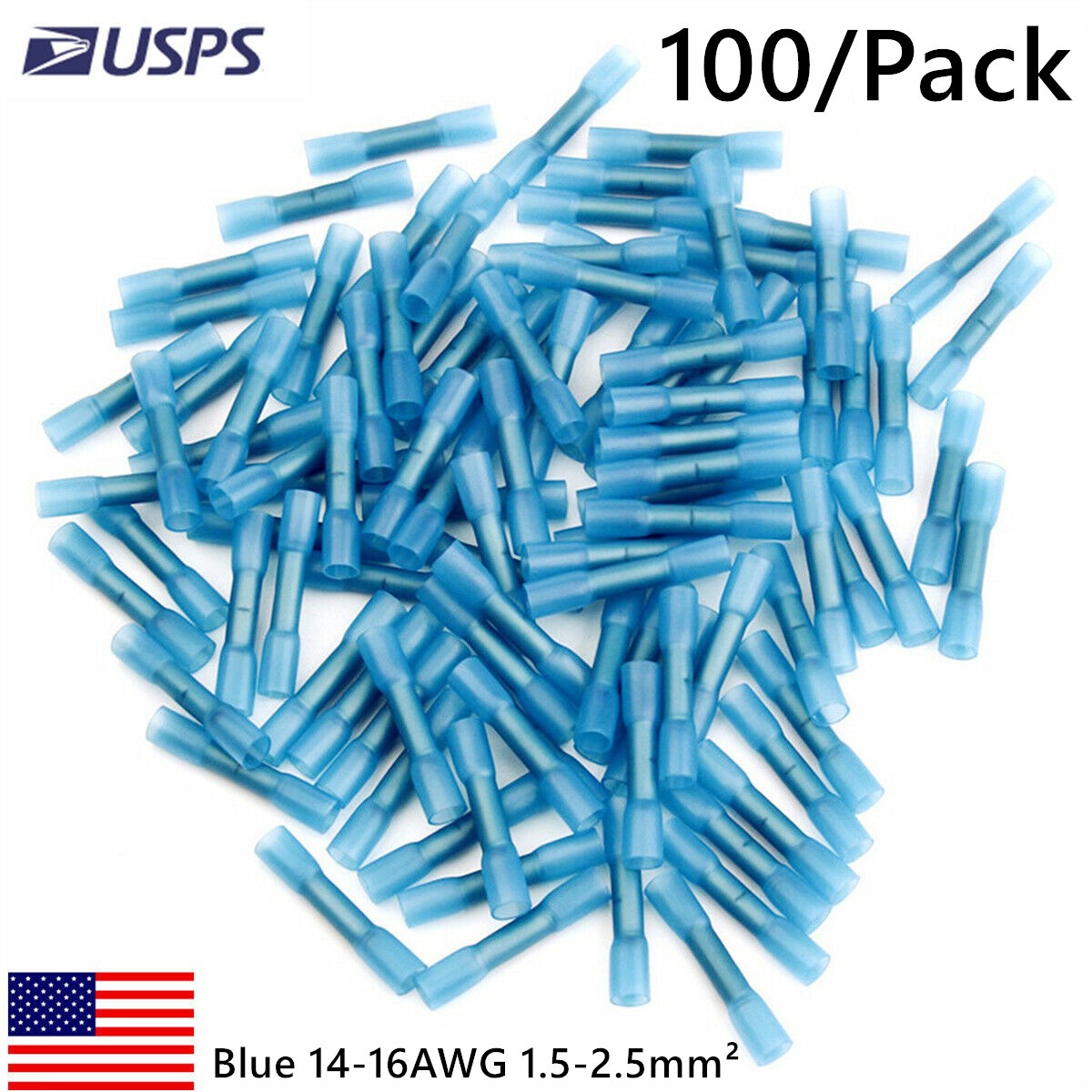 100pcs Blue 14-16 AWG Heat Shrink Butt Wire Connectors Crimp Terminals