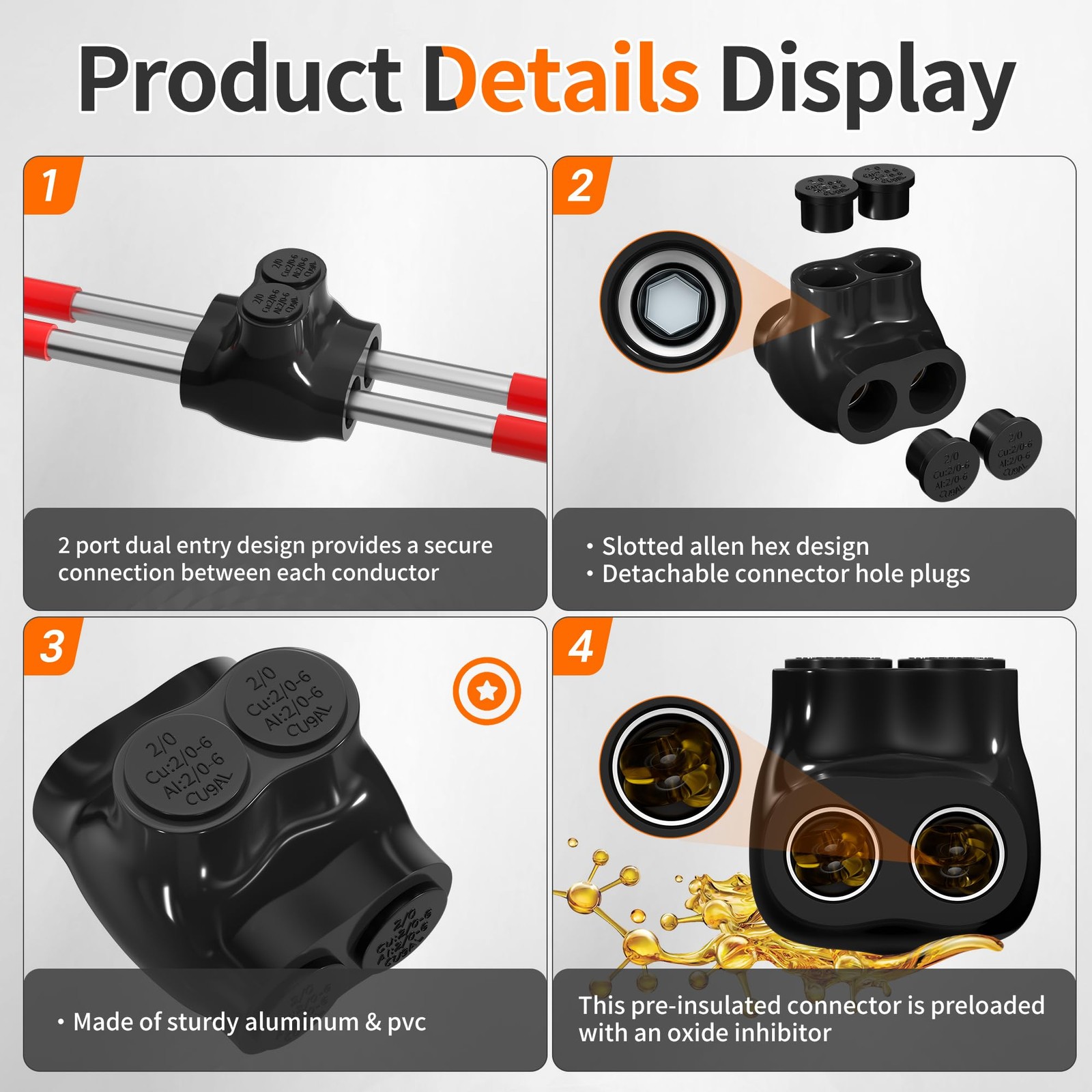 2 Port Insulated Multi Tap Connector 2/0-6 Gauge Wire Connectors Dual Sided Entr
