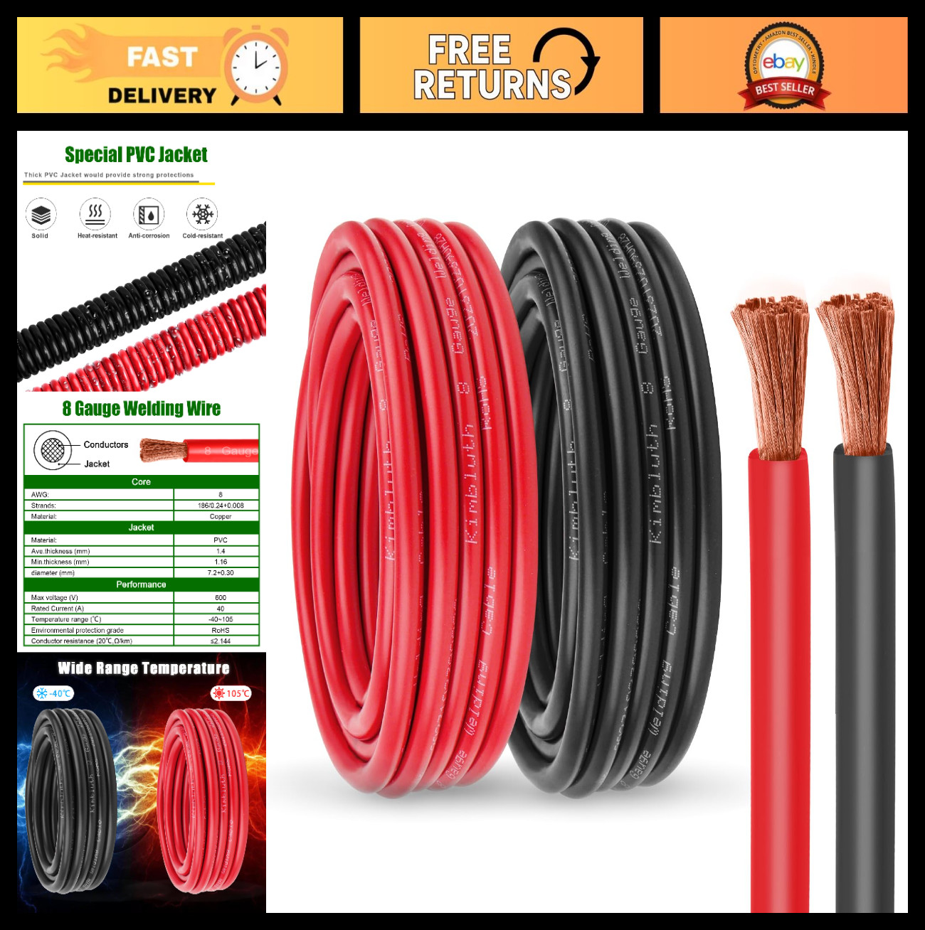 8 AWG 10FT Red & Black Battery Cable, Copper Wire for Automotive, Solar, Marine